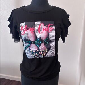 Black Graphic Ruffle Sleeve Top